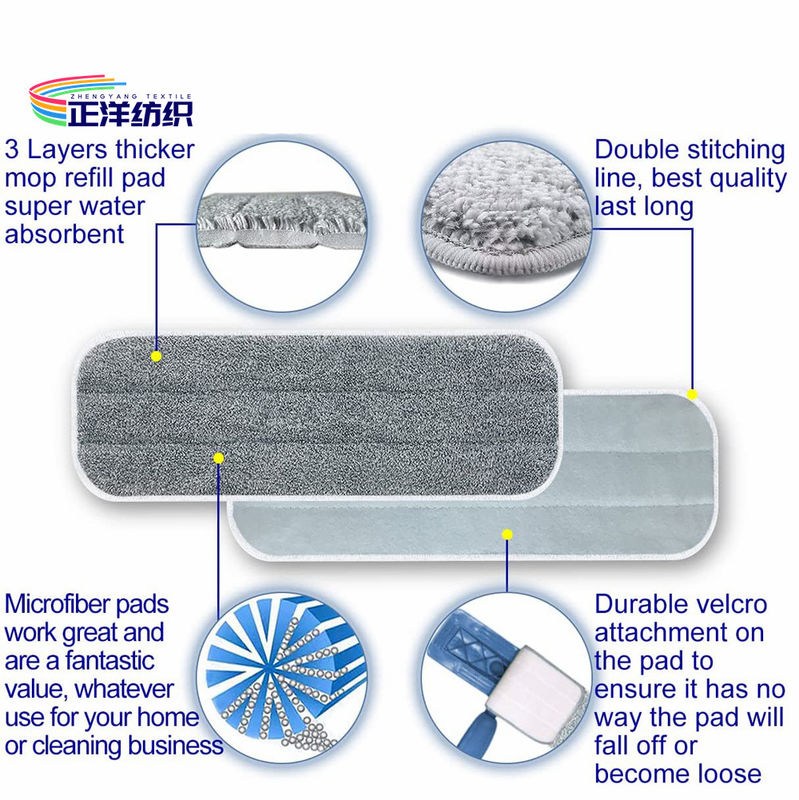 Sponge Layer Microfiber Wet Mop Head 5.5"X16" Velcro System Grey Mop Head