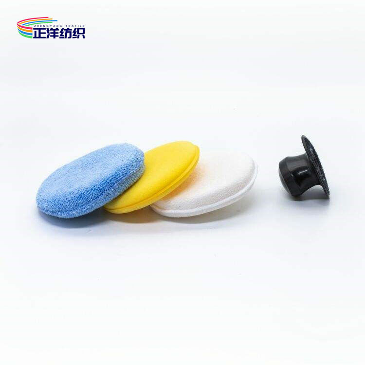 12cm Car Paint Buffing Pads Microfiber Round Waxing Applicator With Plastic Hook Handle