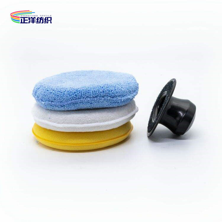 12cm Car Paint Buffing Pads Microfiber Round Waxing Applicator With Plastic Hook Handle